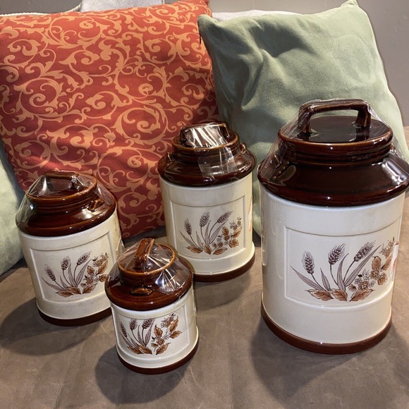 🔥 Vintage Brown & Cream Canister Set Wheat and Floral Pattern Made In Japan EUC